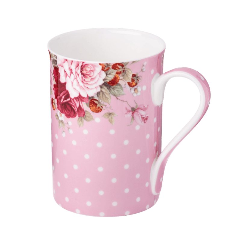 Dots and Roses Pink mug fine bone china 12.5 oz with pink polka dots and rose floral design, front view handle right