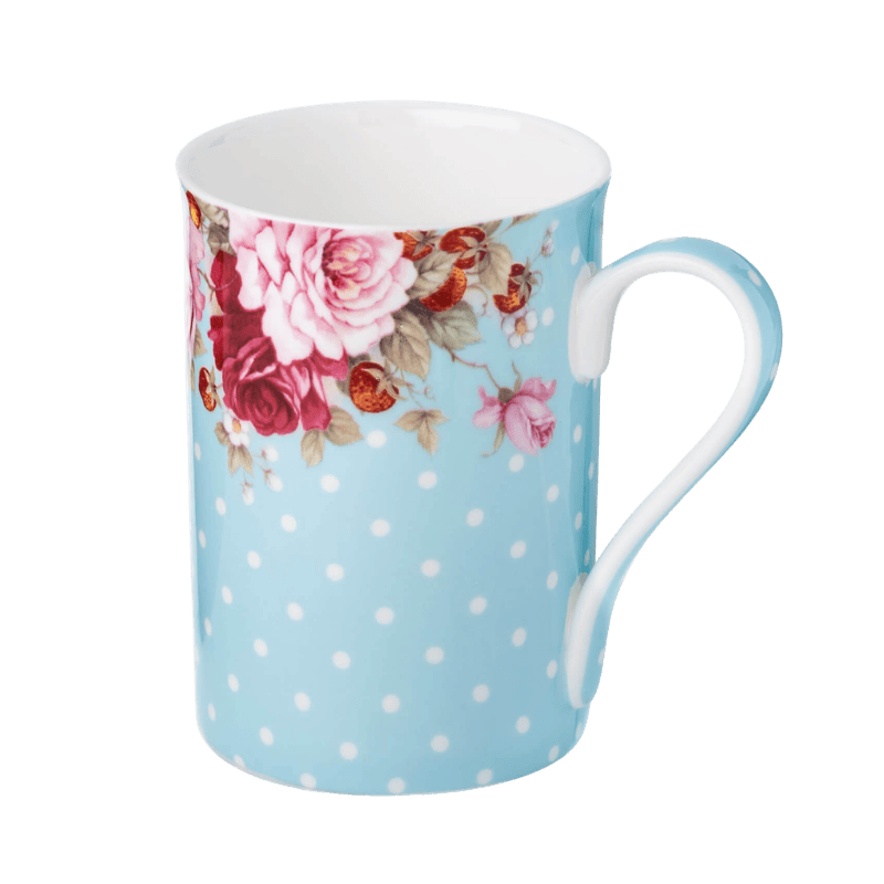 Dots and Roses Blue mug fine bone china 12.5 oz with blue polka dots and rose floral design, front view handle right