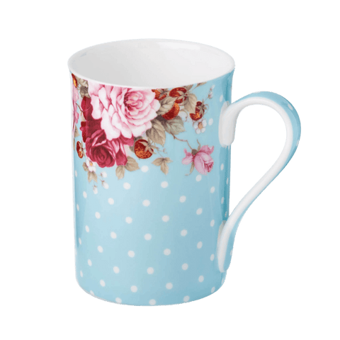 Dots and Roses Blue mug fine bone china 12.5 oz with blue polka dots and rose floral design, front view handle right