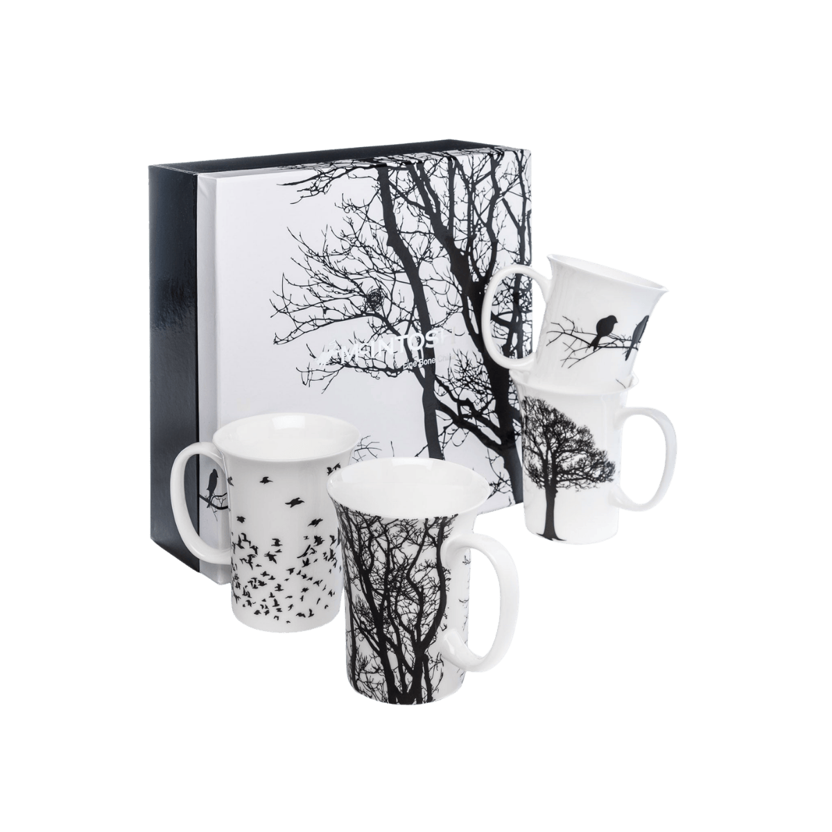 Eternal Silhouette set of 4 mugs with black and white bird and tree designs, 11 oz (325 ml) fine bone china mugs, white background.