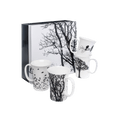 Eternal Silhouette set of 4 mugs with black and white bird and tree designs, 11 oz (325 ml) fine bone china mugs, white background.