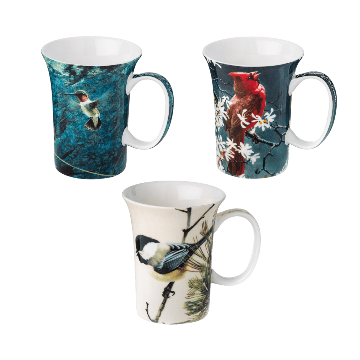 Robert Bateman bird mug set Chickadees Spring Cardinal Ruby-Throat Hummingbird fine bone china 11 oz (325 ml) McIntosh Mugs front view