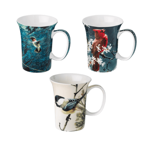 Robert Bateman bird mug set Chickadees Spring Cardinal Ruby-Throat Hummingbird fine bone china 11 oz (325 ml) McIntosh Mugs front view