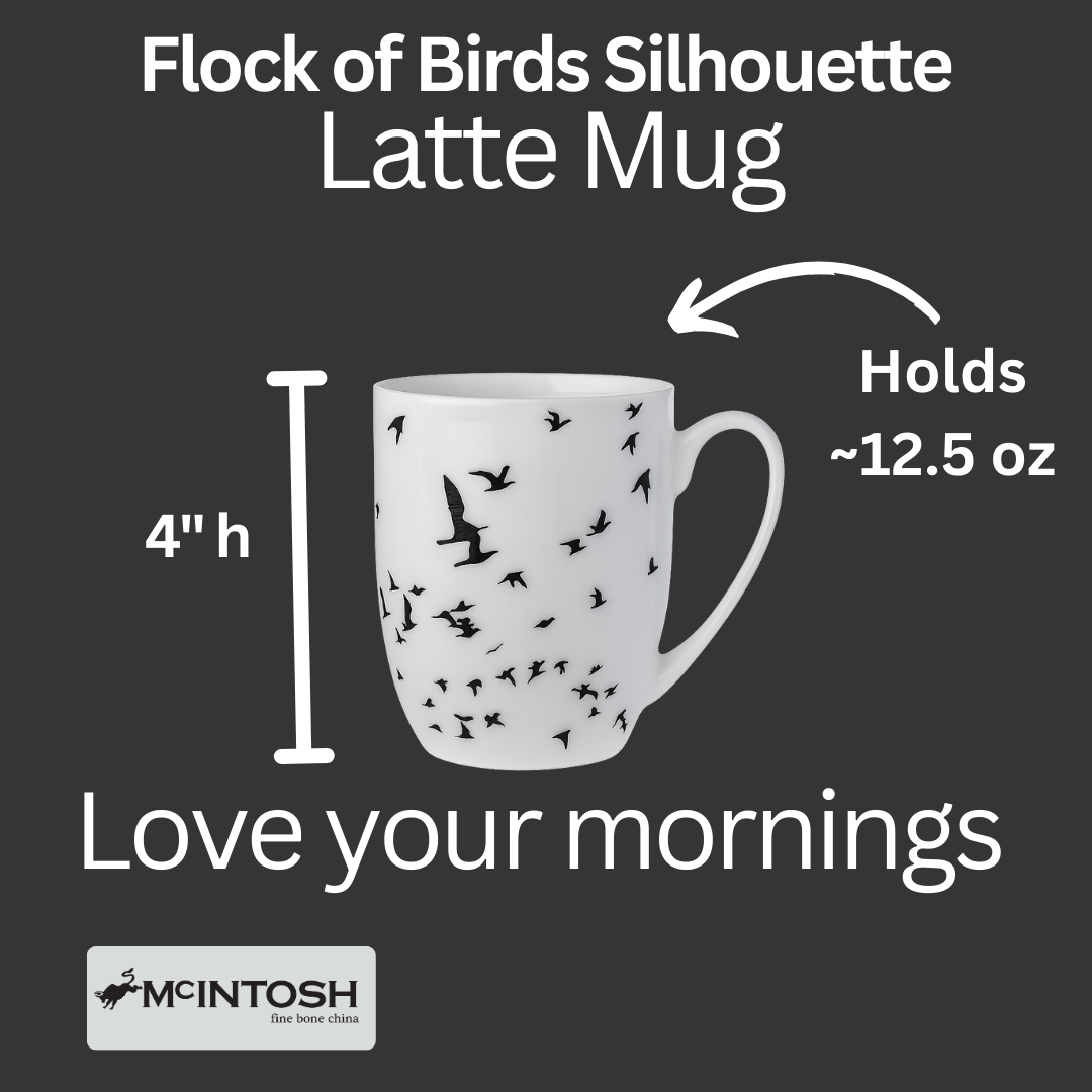 Flock of Birds Silhouette Latte mug size guide showing 12.5 oz (375 ml), 4 in high