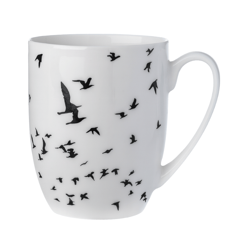 Flock of Birds Silhouette Latte mug in fine bone china, 12.5 oz (375 ml), front view, handle right