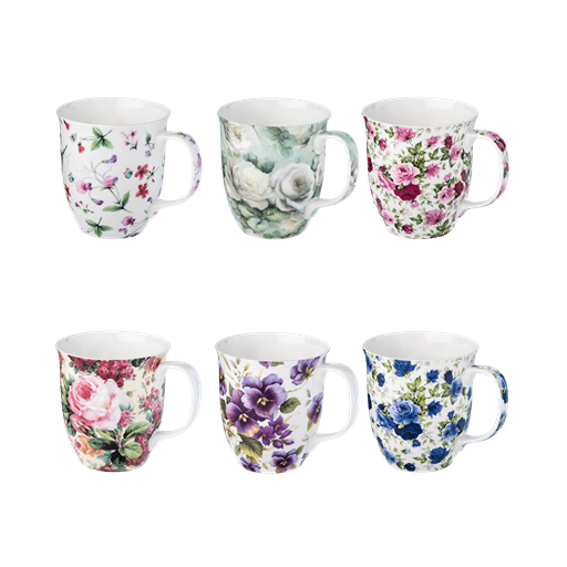 Fine bone china Chintz Java mugs set of 6 with floral designs including roses, sweet pea, and pansies. Gift-boxed and perfect for coffee or tea lovers.
