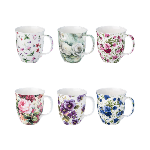 Fine bone china Chintz Java mugs set of 6 with floral designs including roses, sweet pea, and pansies. Gift-boxed and perfect for coffee or tea lovers.