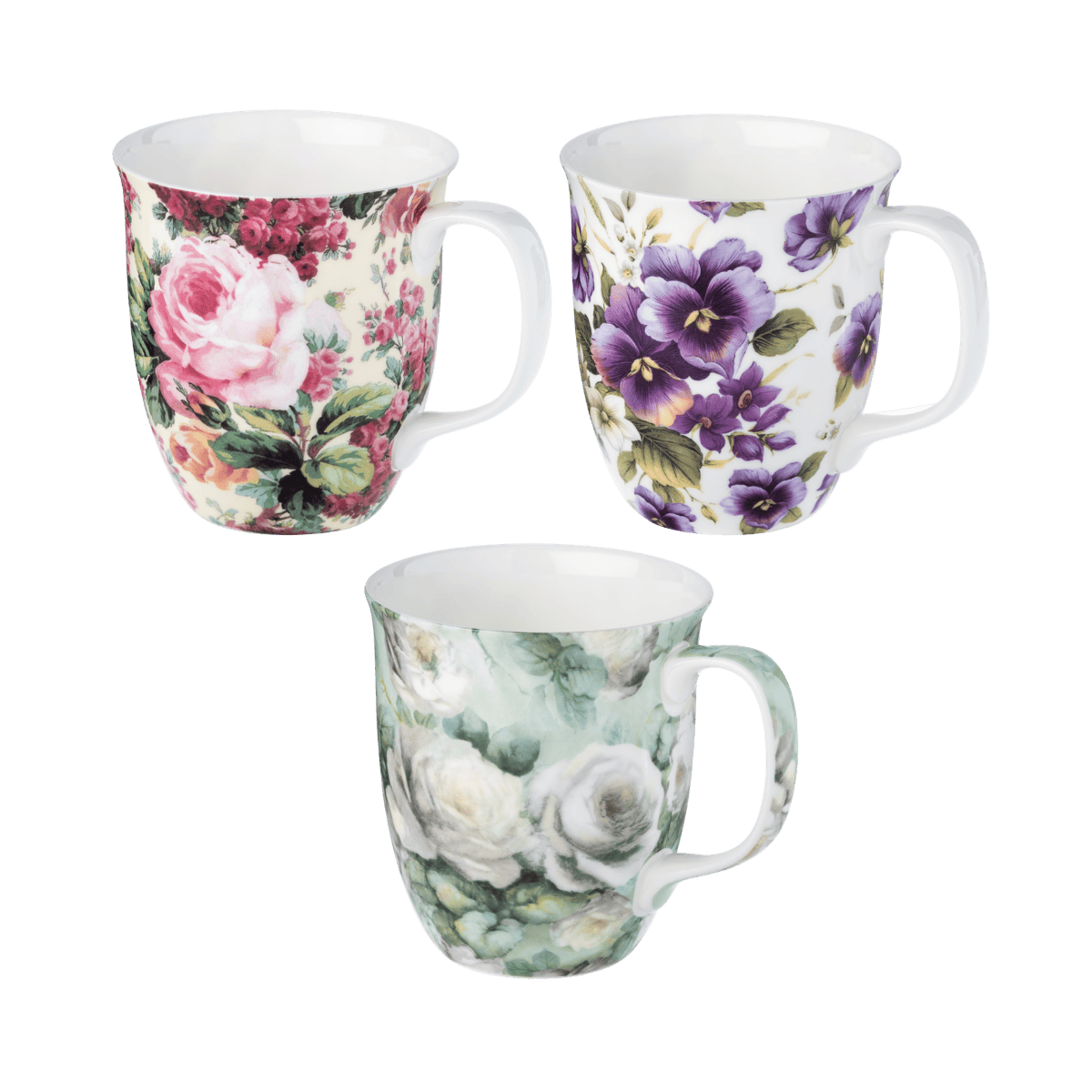 Floral Chintz mug bundle of three featuring Rose Bouquet, Purple Pansies and White Roses Java Muga in fine bone china, front view, handle right