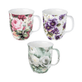 Floral Chintz mug bundle of three featuring Rose Bouquet, Purple Pansies and White Roses Java Muga in fine bone china, front view, handle right