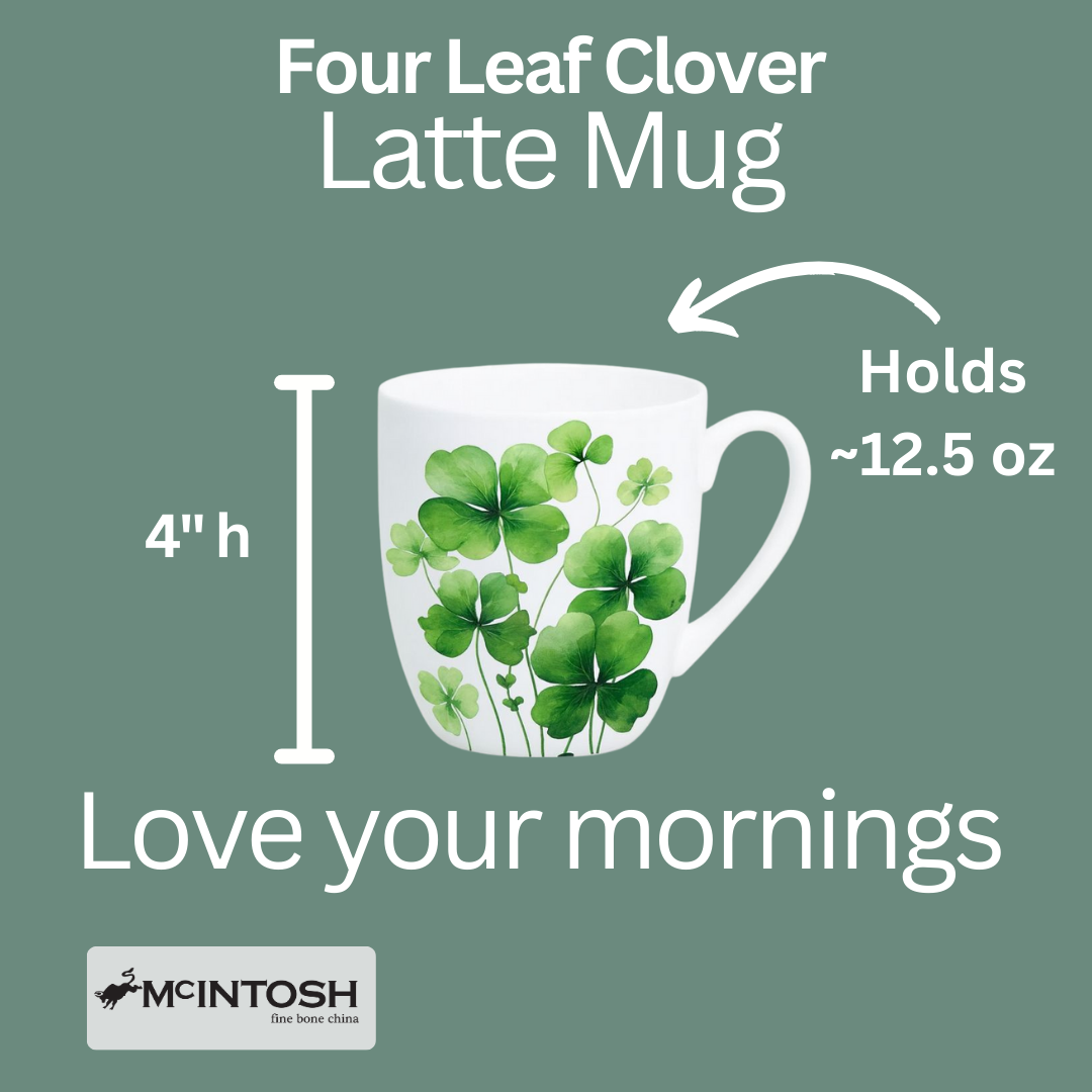 Four Leaf Clover Latte mug size guide showing 12.5 oz (375 ml), 4 in high
