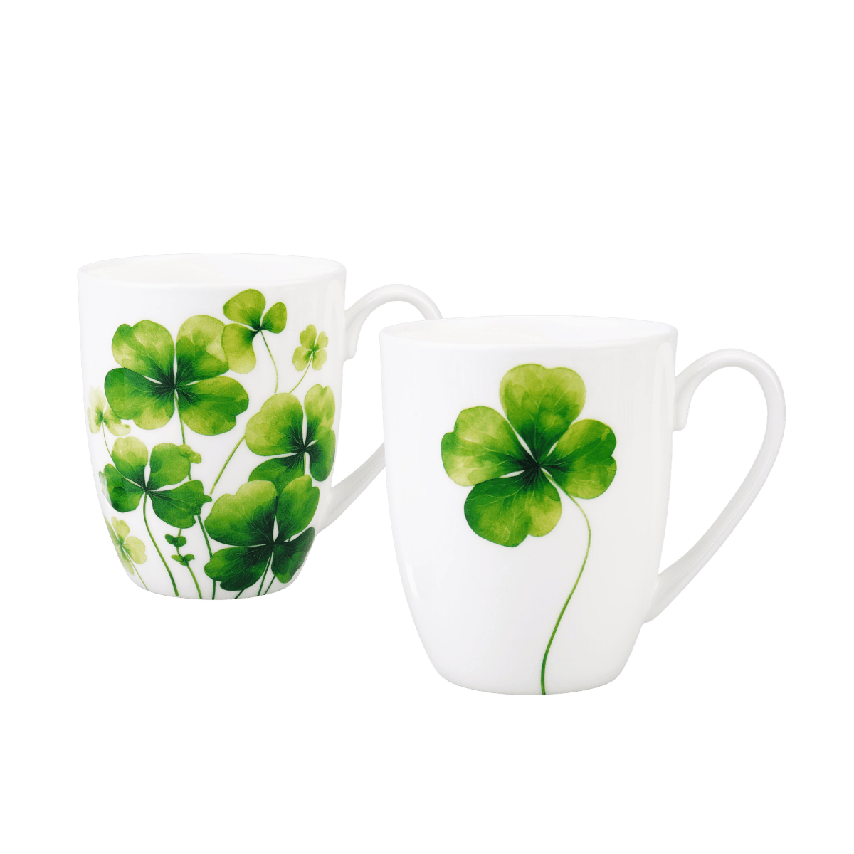 Four Leaf Clover latte mug pair fine bone china 12.5 oz (375 ml) McIntosh Mugs front view, handle right