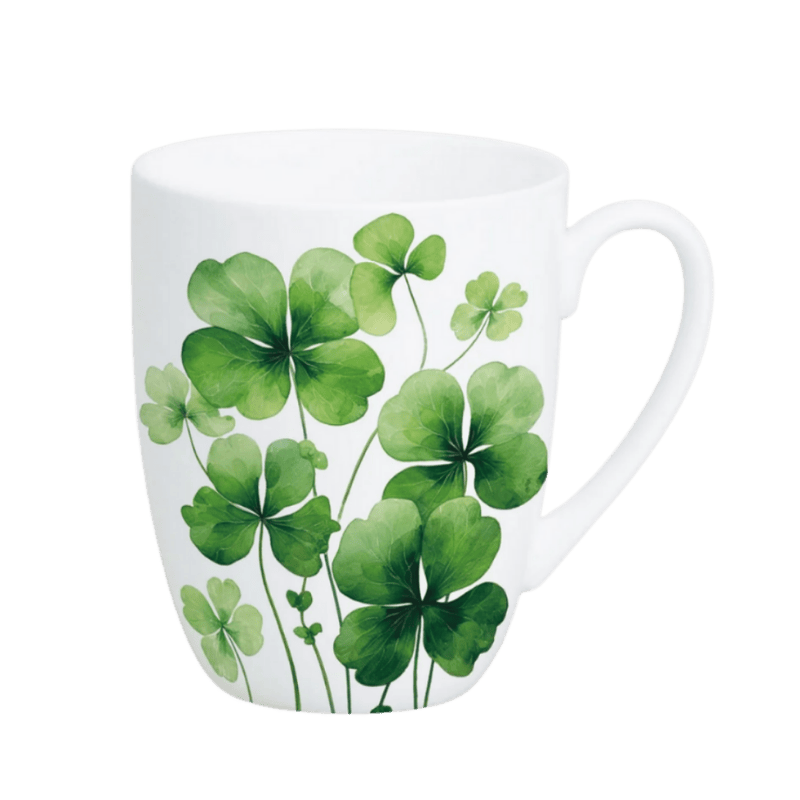 Four Leaf Clover Latte mug in fine bone china, 12.5 oz (375 ml), front view, handle right