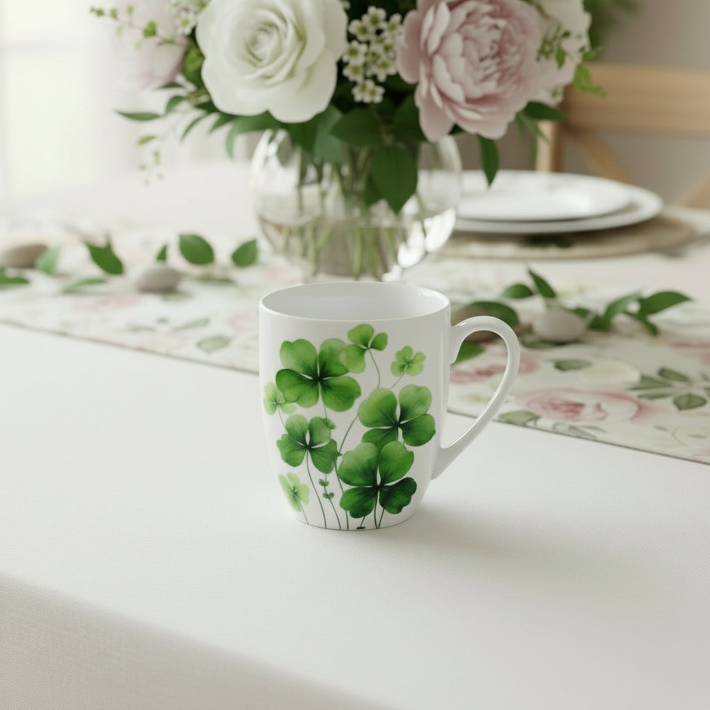 Four Leaf Clover Latte mug on a fancy occassion table with florals