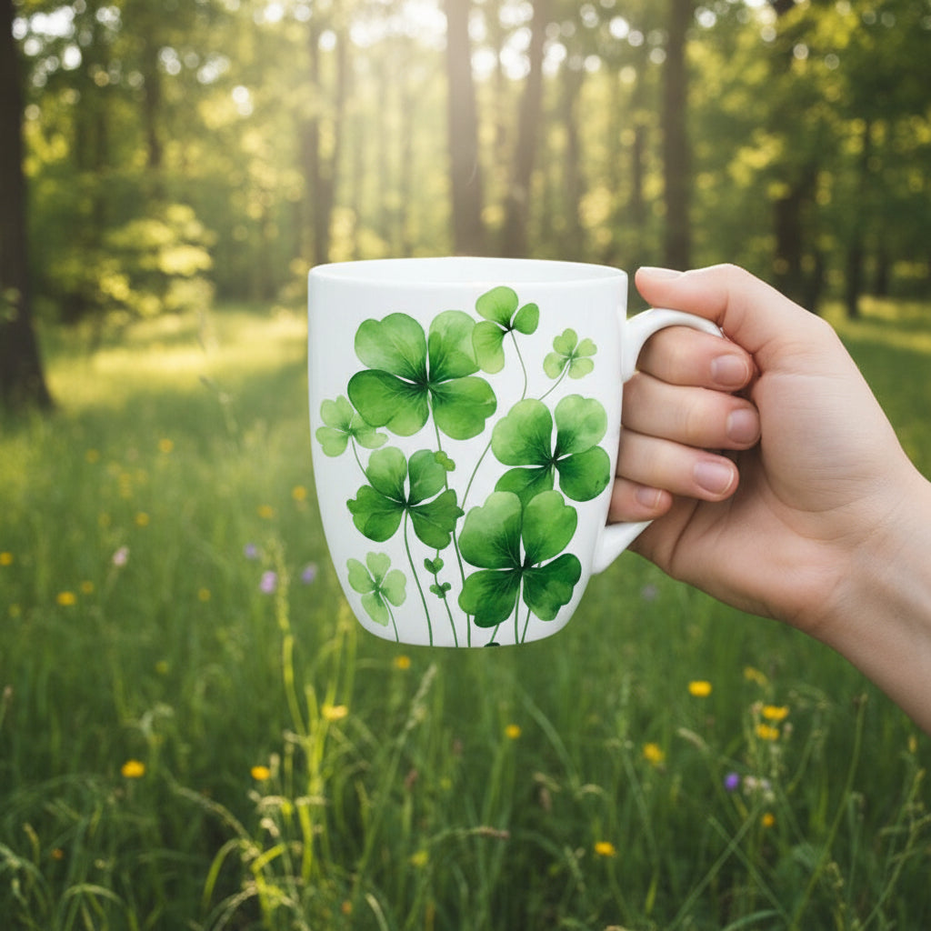 Four Leaf Clover Latte mug with coffee in a outdoor setting in hand