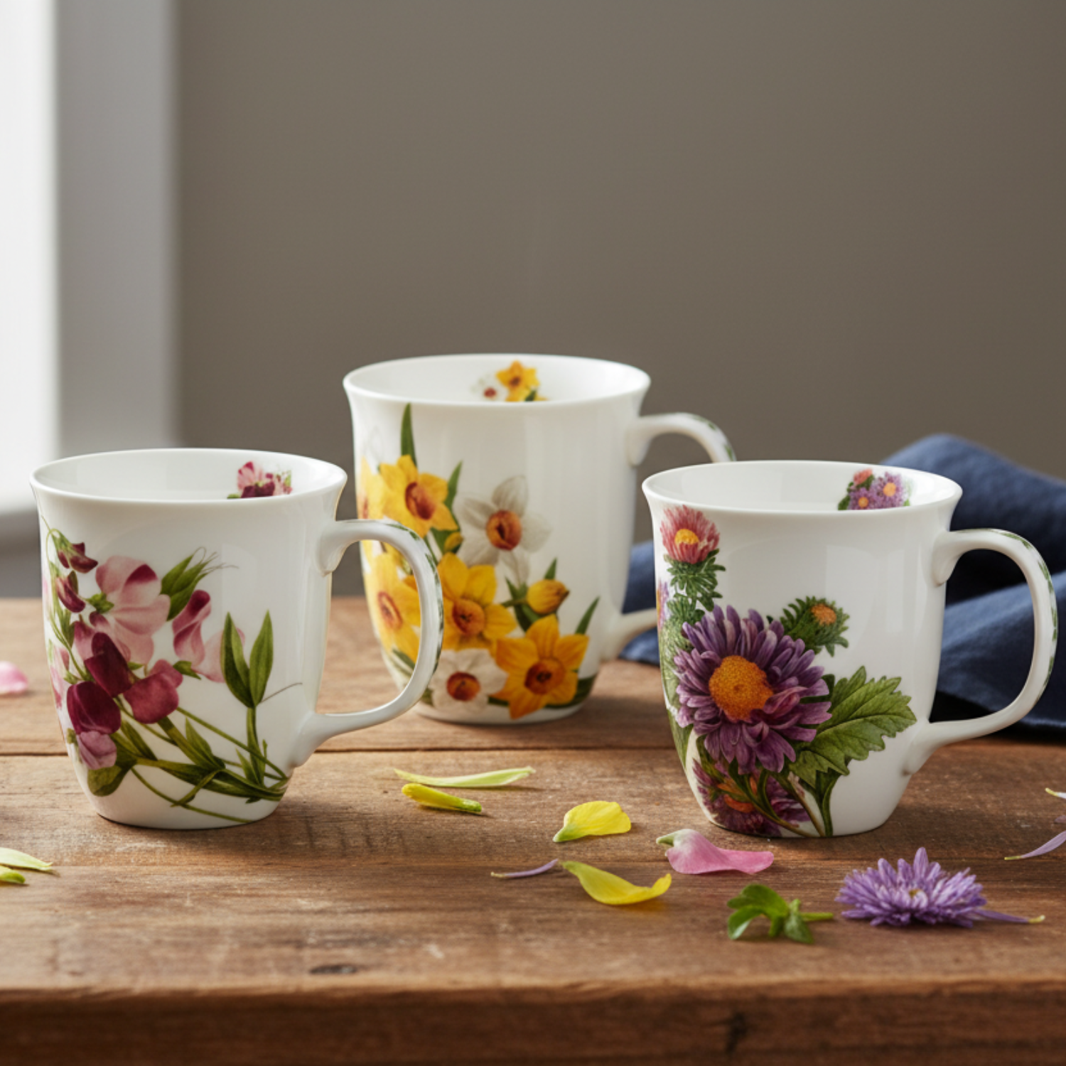 set of 3 Botanical Flowers Garden Bloom Three Mug Bundle Java Mug in fine bone china, top-down view, daisy, sweet pea, narcissis
