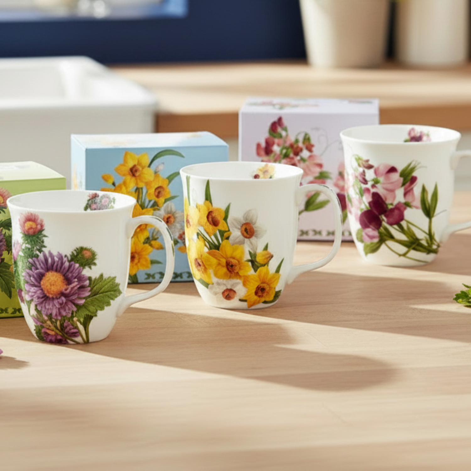 set of 3 Botanical Flowers Garden Bloom Three Mug Bundle Java Mug in fine bone china, angled view, daisy, sweet pea, narcissis on a dining table