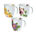 set of 3 Botanical Flowers Garden Bloom Three Mug Bundle Java Mug in fine bone china, front view, handle right, daisy, sweet pea, narcissis. 