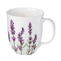 Lavender Java mug with lavender floral pattern, fine bone china coffee mug 12.5 oz, front view handle right