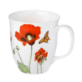 Poppies fine bone china tea mug with stainless steel infuser and lid, 15.2 oz (450 ml), floral poppy design, front view, handle right