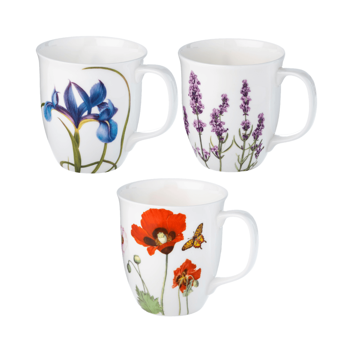 Garden Collection Java mug set Poppies Blue Iris Lavender fine bone china 12.5 oz (375 ml) McIntosh Mugs front view