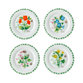 Garden Meadow floral dessert plate set of four, 7.5 inch fine bone china plates with meadow flower designs of Campion, Periwinkle, Common Clover and Celandine, top view