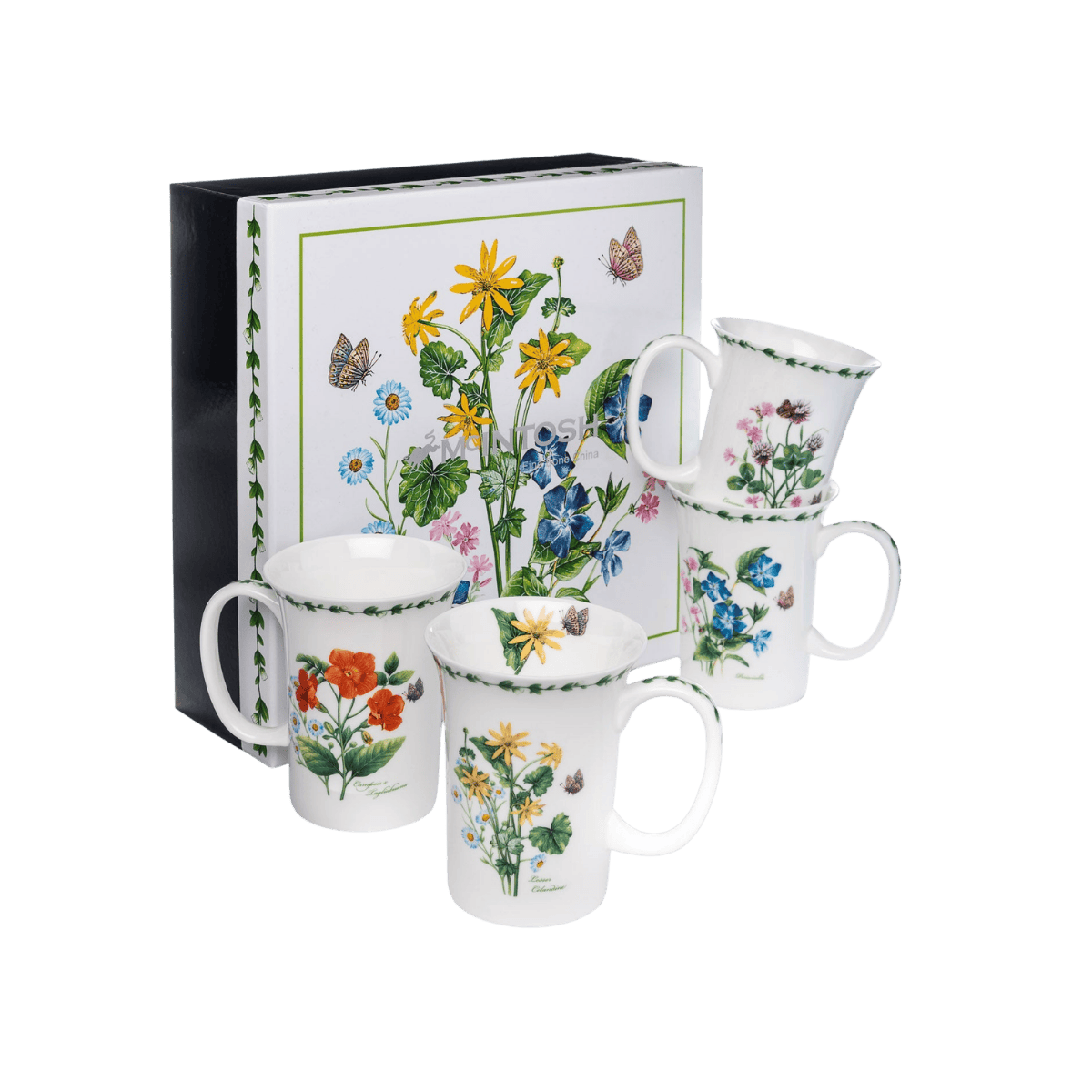 Garden Meadow mug set of four with colourful floral designs, 11 oz (325 ml) fine bone china mugs with gift box, white background