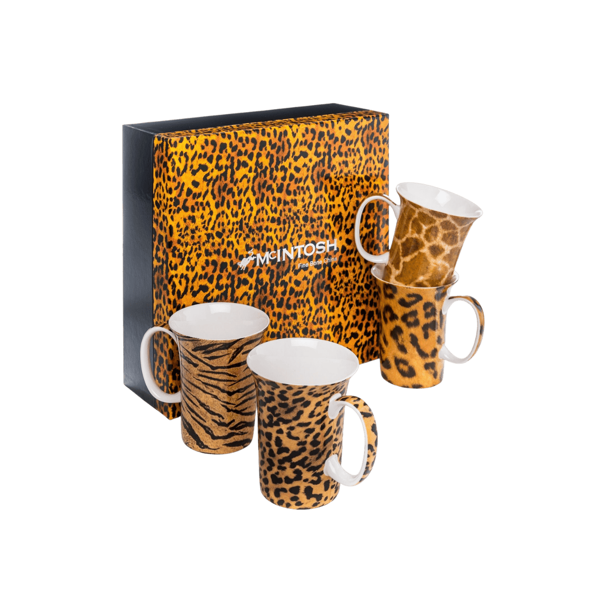 Animal Print mug set of four with wild animal pattern designs, 11 oz (325 ml) fine bone china mugs, front view handle right