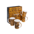 Animal Print mug set of four with wild animal pattern designs, 11 oz (325 ml) fine bone china mugs, front view handle right