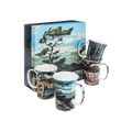 Group of Seven mug set of four featuring Casson White Pine, Jackson Bent Pine, Johnston Sunset in the Bush and Lismer Bright Land, 11 oz (325 ml) fine bone china mugs, white background.