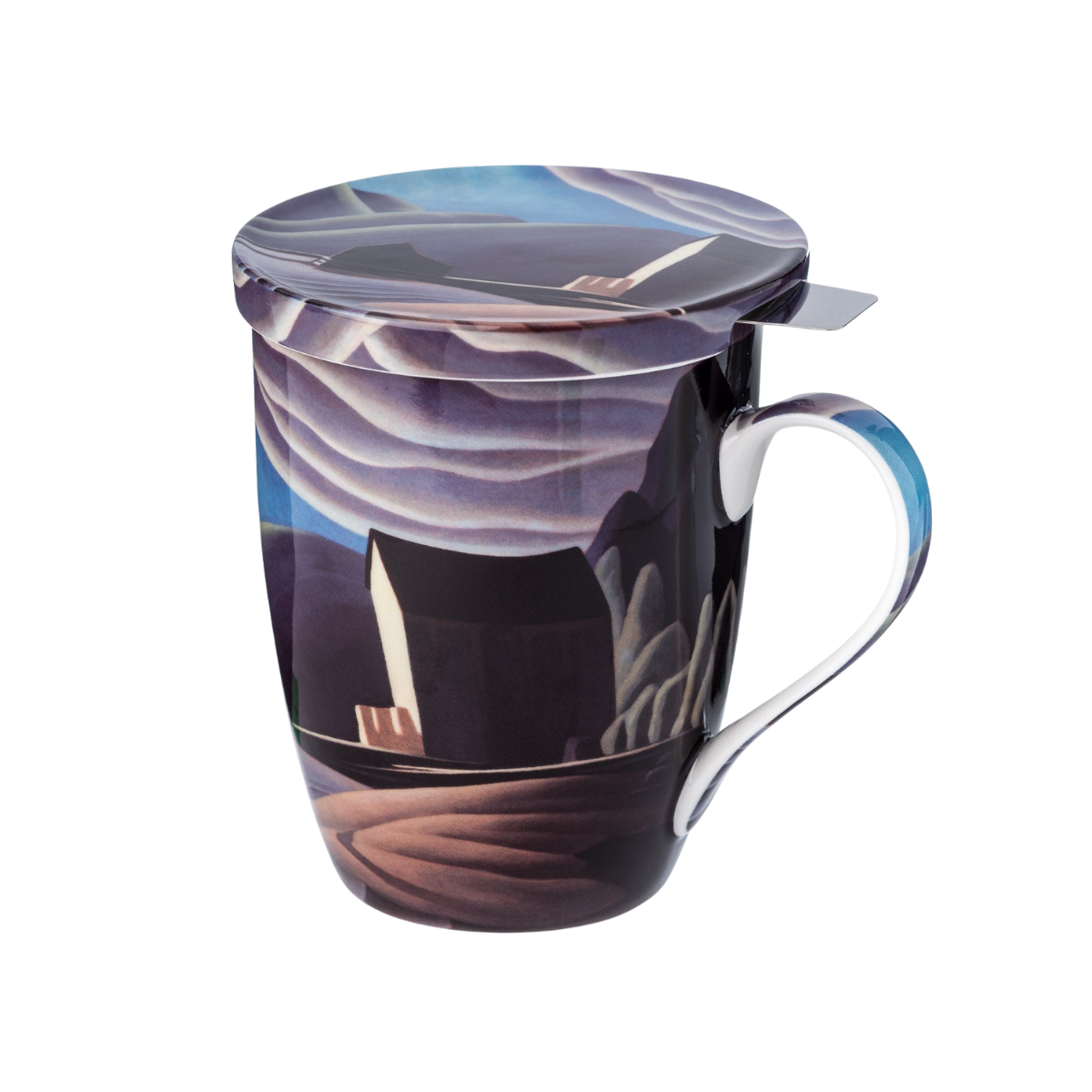 Fine bone china tea mug with infuser and lid featuring Lawren S. Harris’s Ice House. Gift-boxed for tea lovers and fans of Canadian art.