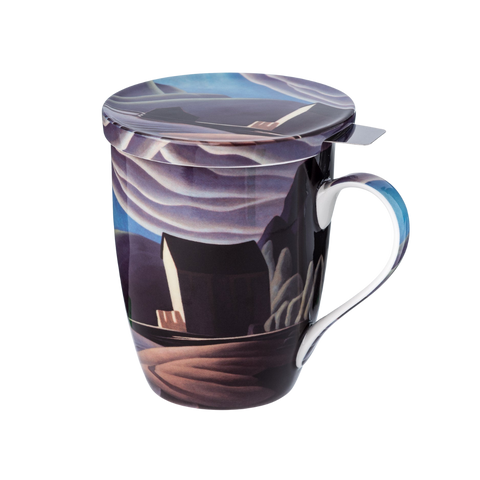 Fine bone china tea mug with infuser and lid featuring Lawren S. Harris’s Ice House. Gift-boxed for tea lovers and fans of Canadian art.
