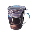 Fine bone china tea mug with infuser and lid featuring Lawren S. Harris’s Ice House. Gift-boxed for tea lovers and fans of Canadian art.