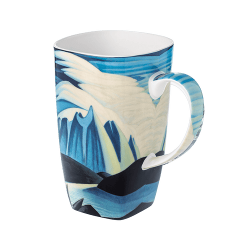 Lawren S. Harris Lake and Mountains Grande mug, 19.6 oz (580 ml) fine bone china mug, front view, handle right