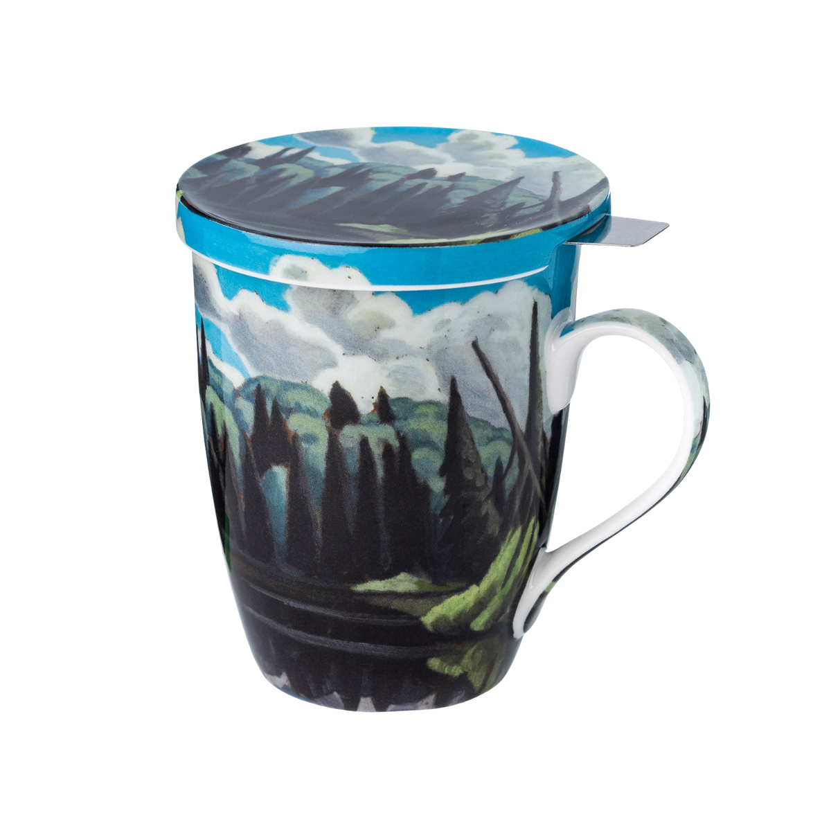 Lawren S. Harris Lake in Algonquin Park tea mug with infuser and lid 15.2 oz (450 ml) fine bone china McIntosh Mugs front view, handle right