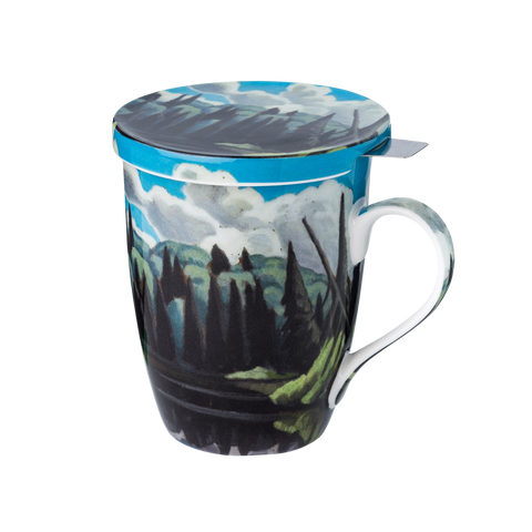 Lawren S. Harris Lake in Algonquin Park tea mug with infuser and lid 15.2 oz (450 ml) fine bone china McIntosh Mugs front view, handle right
