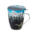 Lawren S. Harris Lake in Algonquin Park tea mug with infuser and lid 15.2 oz (450 ml) fine bone china McIntosh Mugs front view, handle right
