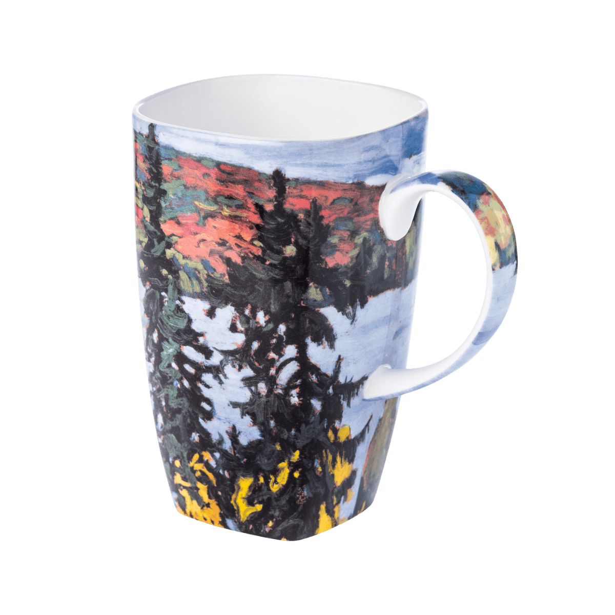 Lawren S Harris Montreal River Grande Mug, 19.6 oz (580 ml) fine bone china art mug featuring the Group of Seven painting, front view handle right