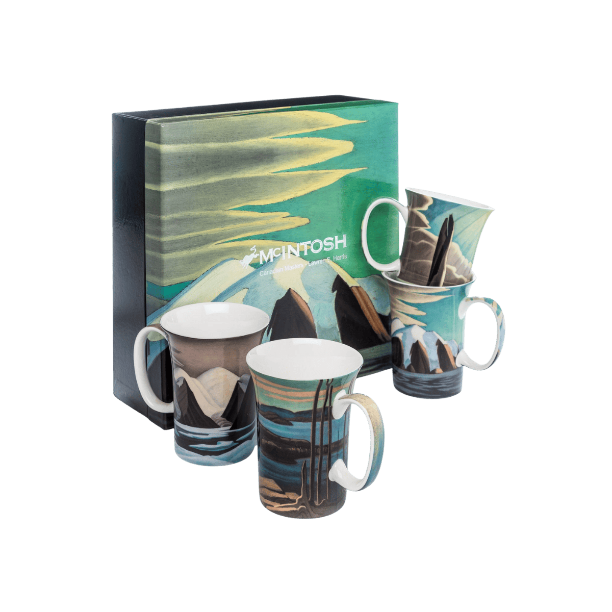 Lawren S Harris mug set with North Shore Lake Superior, North Shore Baffin Island, Greenland Mountains and Afternoon Sun North Shore Lake Superior paintings, 11 oz (325 ml) fine bone china mugs, front view