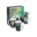 Lawren S Harris mug set with North Shore Lake Superior, North Shore Baffin Island, Greenland Mountains and Afternoon Sun North Shore Lake Superior paintings, 11 oz (325 ml) fine bone china mugs, front view