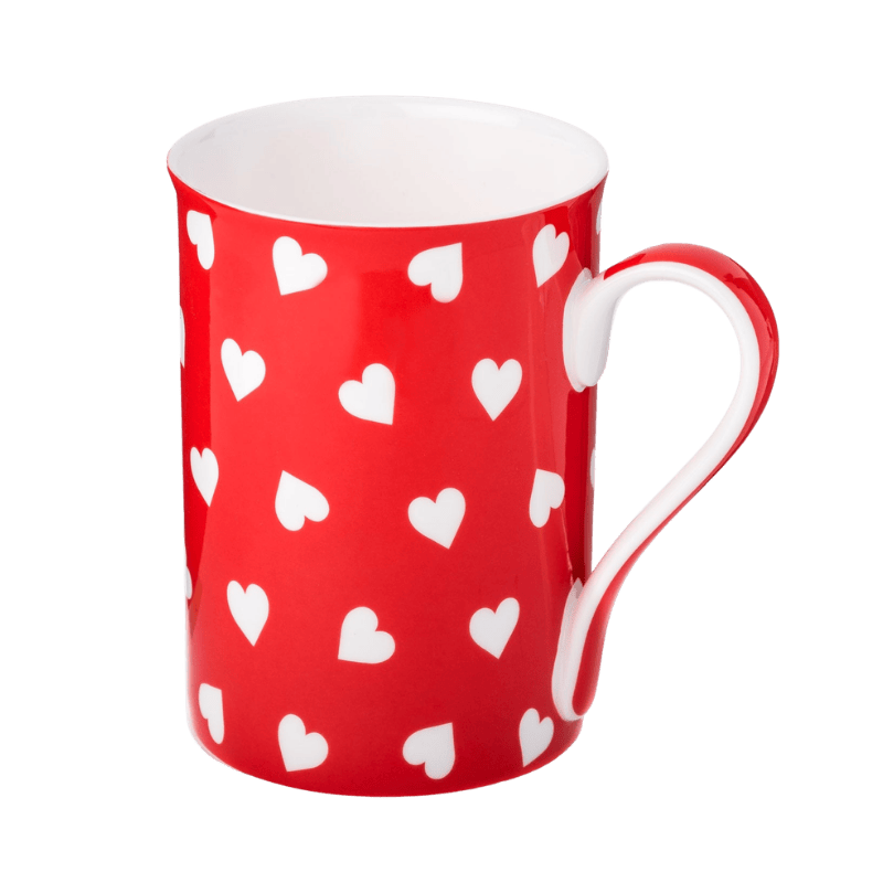 Hearts on Red Classico mug fine bone china 12.5 oz with red background and heart pattern design, front view handle right