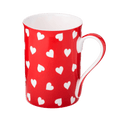 Hearts on Red Classico mug fine bone china 12.5 oz with red background and heart pattern design, front view handle right
