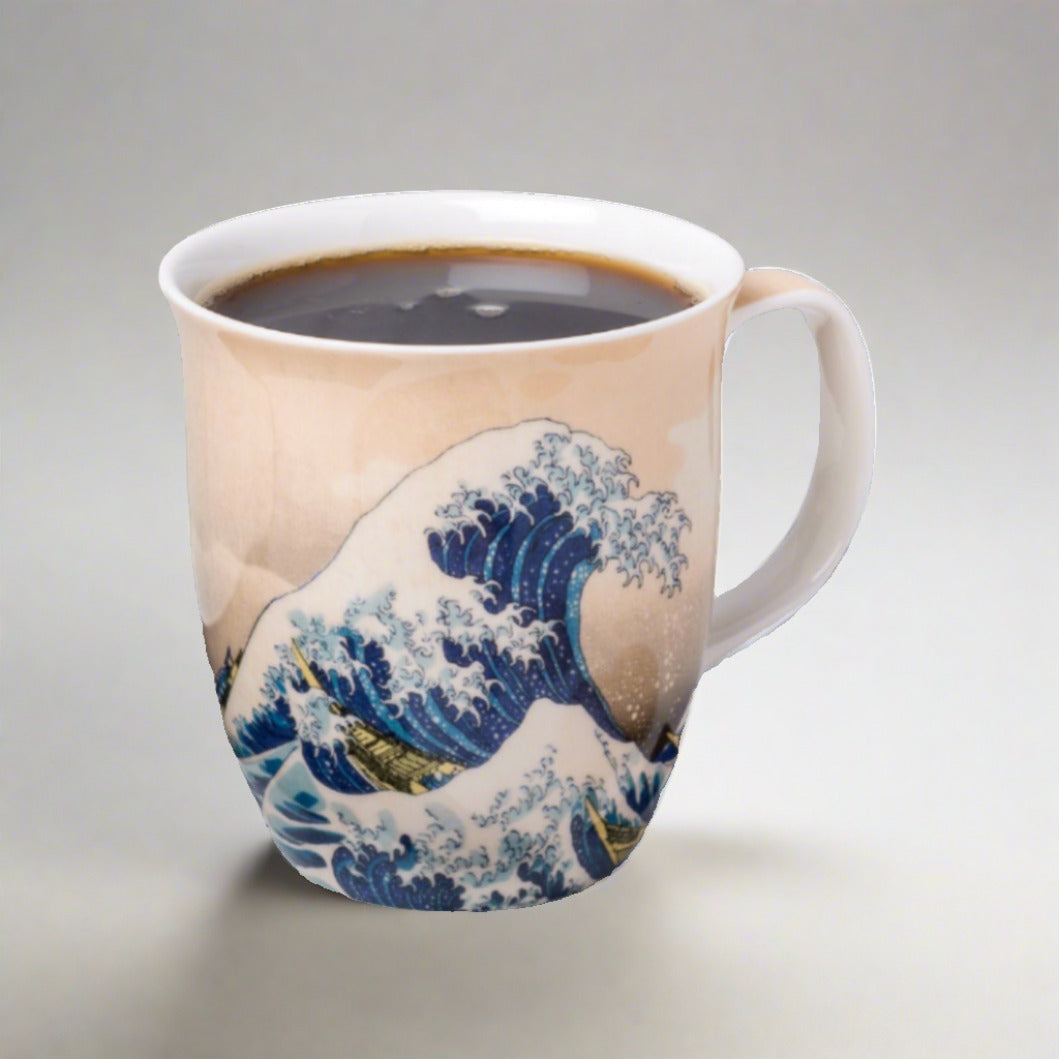 Hokusai The Great Wave Java Mug, lifestyle with coffee, beige background