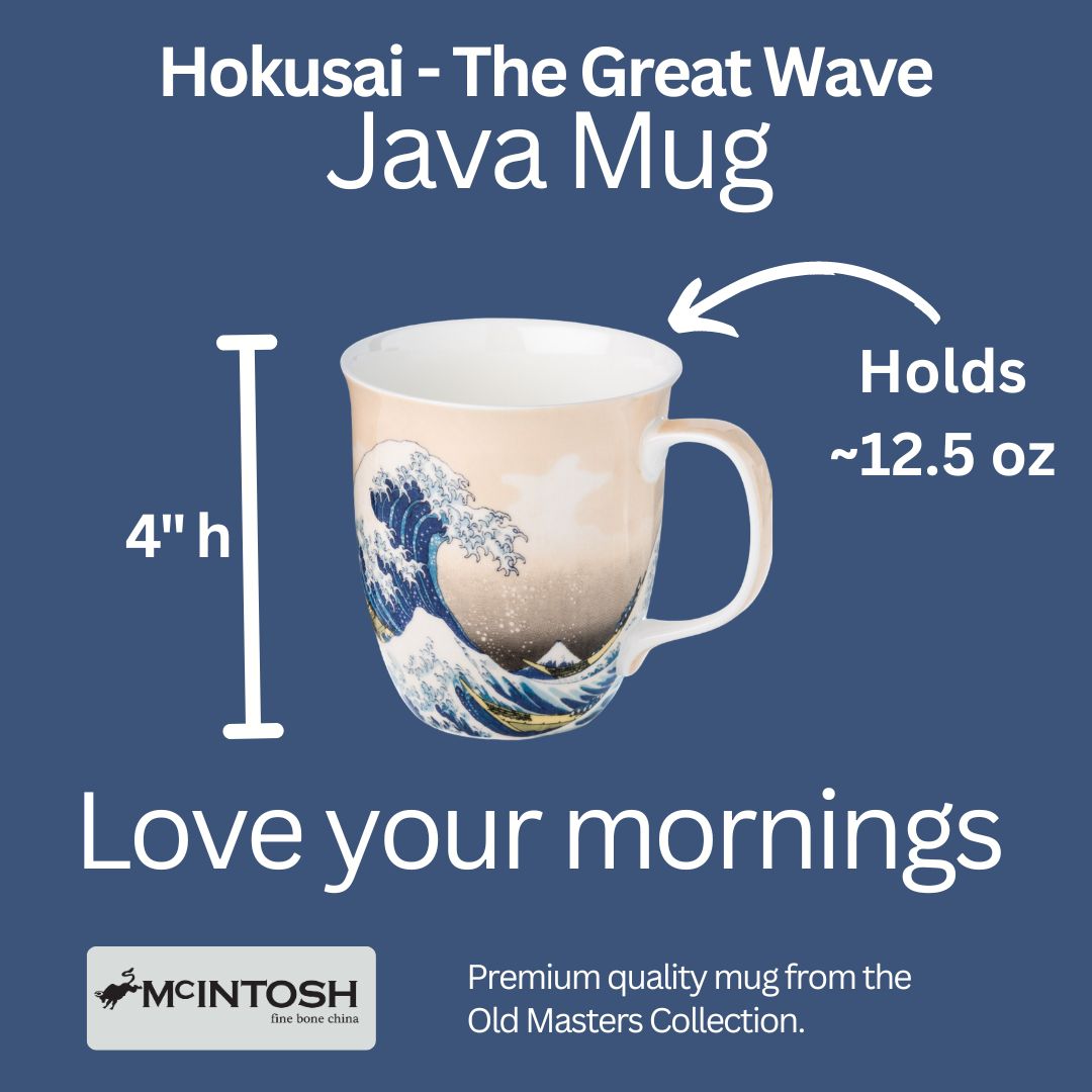 Hokusai The Great Wave Java Mug size guide in fine bone china, 375 ml (12.5 oz) capacity, 4 in height