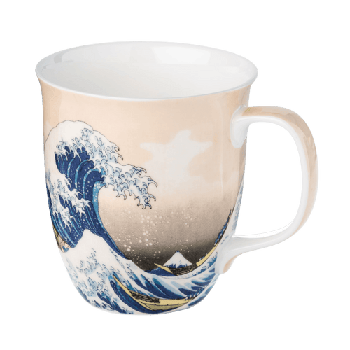 Hokusai Great Wave off Kanagawa mug, fine bone china coffee mug featuring the famous Japanese woodblock print, front view handle right