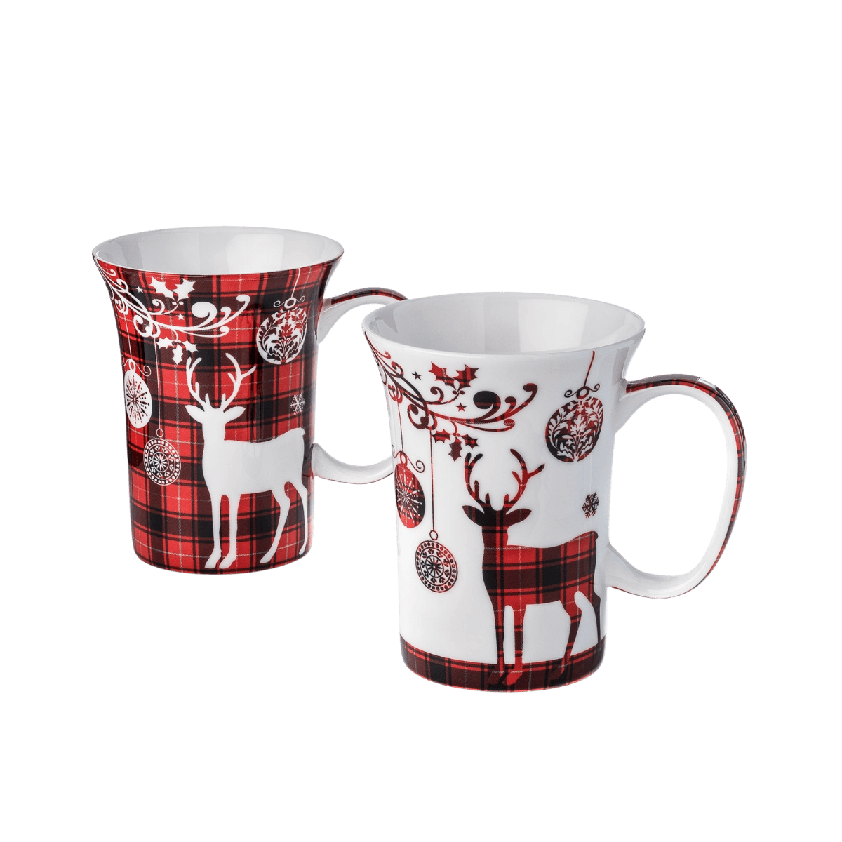 Alt text: Holiday Reindeer mug set of two with red tartan pattern and reindeer design, 11 oz (325 ml) fine bone china mugs, front view handle right