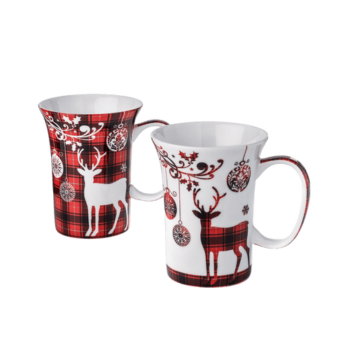 Alt text: Holiday Reindeer mug set of two with red tartan pattern and reindeer design, 11 oz (325 ml) fine bone china mugs, front view handle right