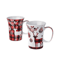 Alt text: Holiday Reindeer mug set of two with red tartan pattern and reindeer design, 11 oz (325 ml) fine bone china mugs, front view handle right