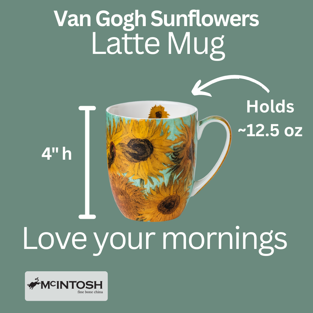 Sunflowers Latte mug size guide showing 12.5 oz (375 ml), 4 in high