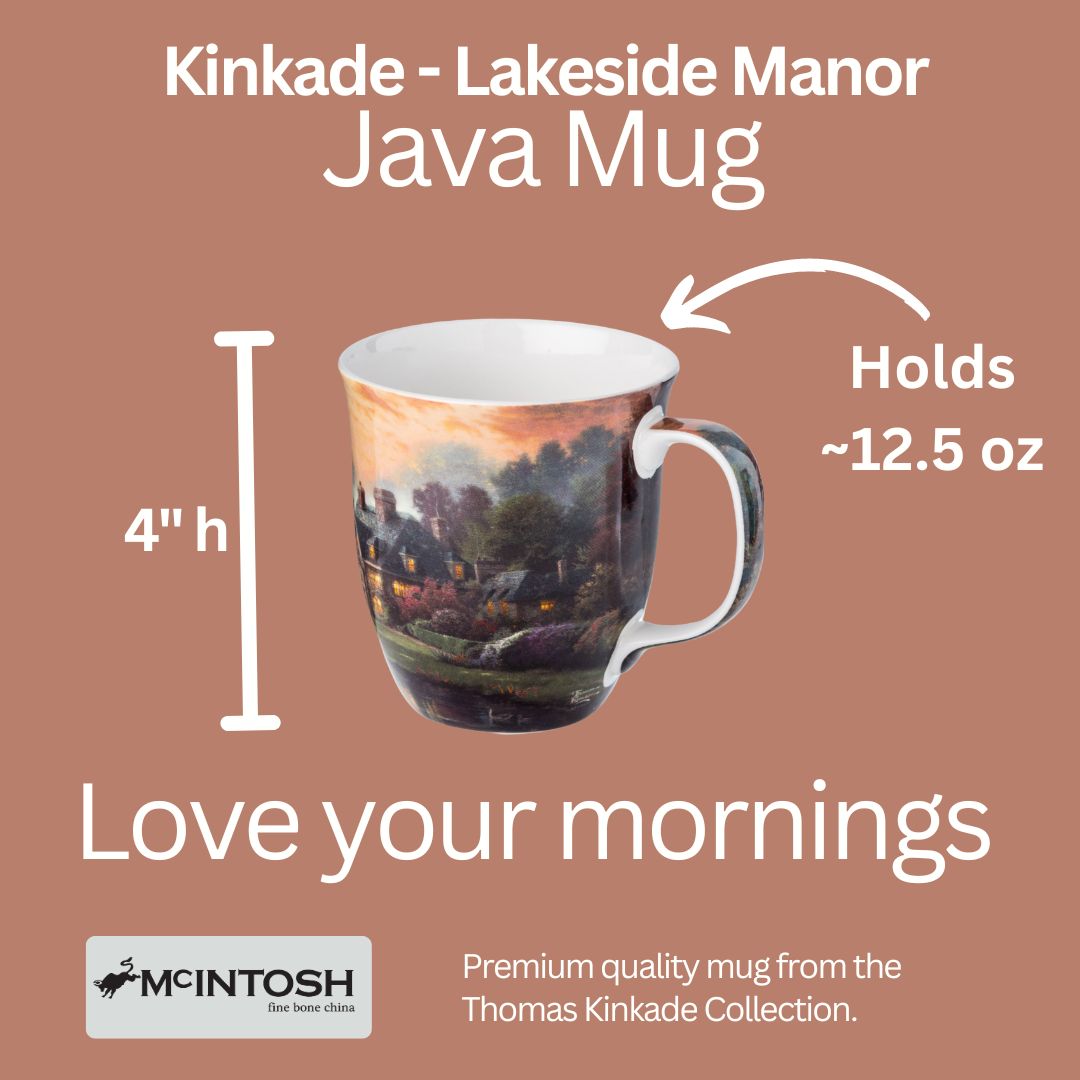 Kinkade Lakeside Manor Java Mug size guide in fine bone china, 375 ml (12.5 oz) capacity, 4 in height