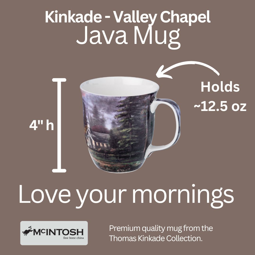 Kinkade Valley Chapel Java Mug size guide in fine bone china, 375 ml (12.5 oz) capacity, 4 in height